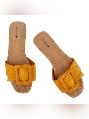 Birdies Kiwi Goldenrod Yellow Suede Slide Sandals with Woven Buckle